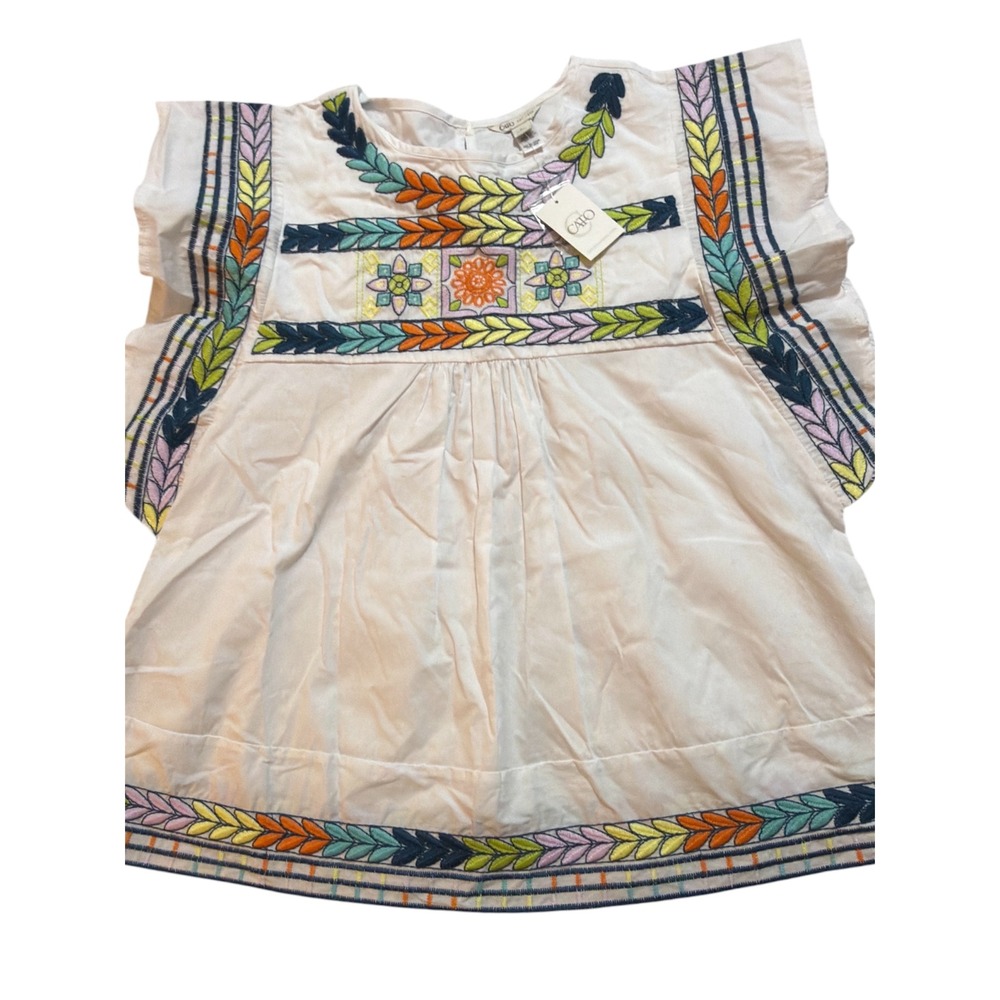 NWT Embroidered Boho Cotton Blouse Womens Large White Floral Flutter Sleeve